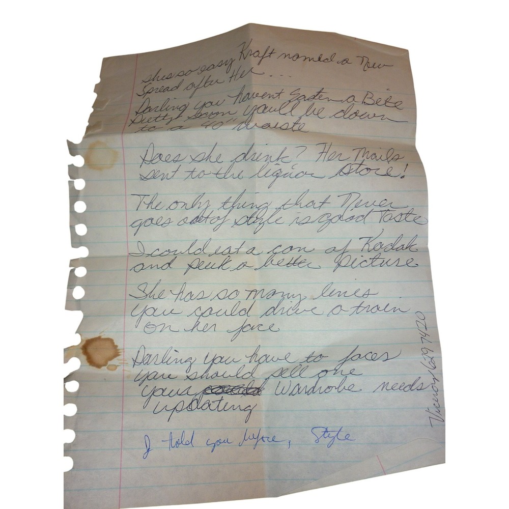 Vintage Handwritten‎ Insult Comedy One-Liners Paper - Joan Rivers Style Humor